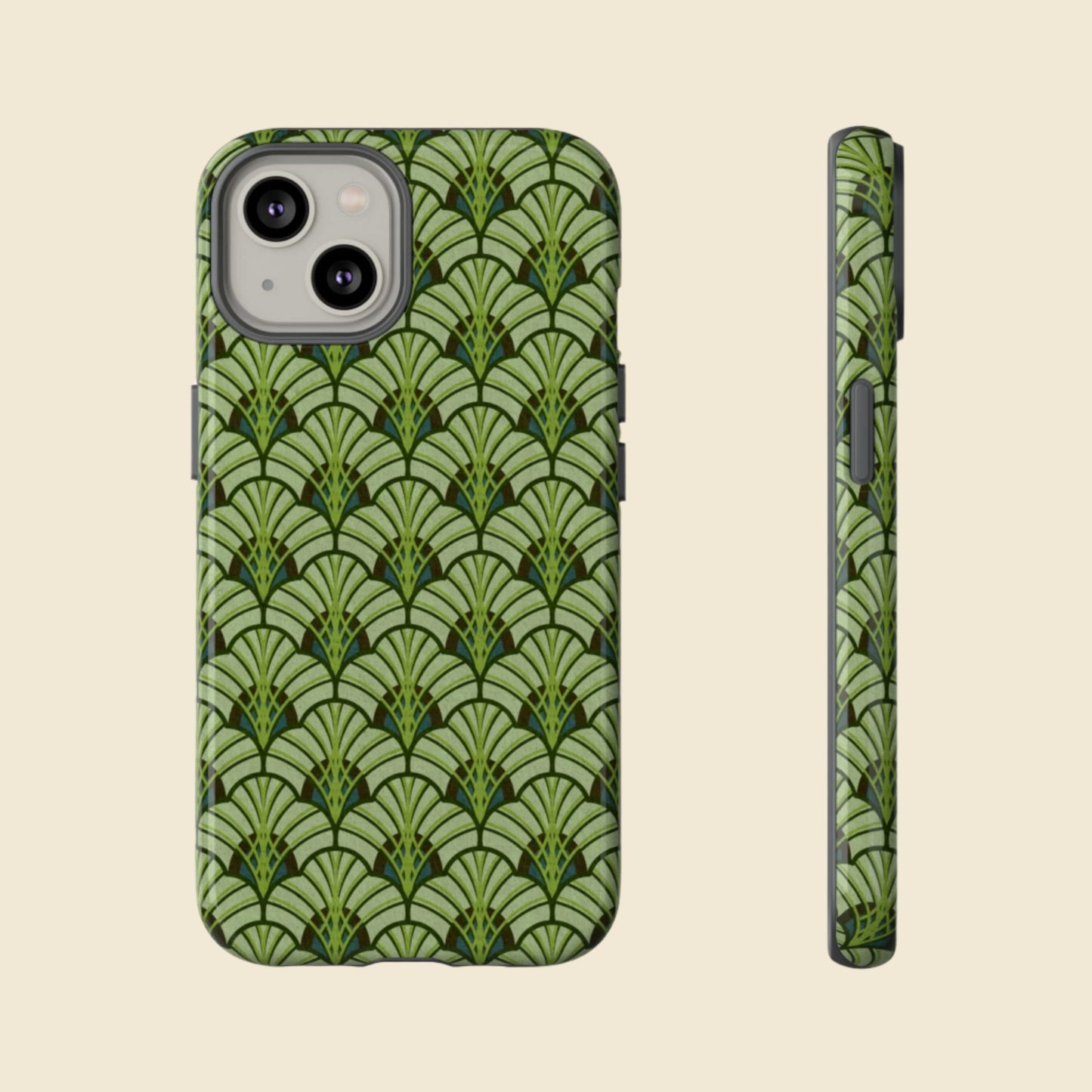 Phone case with green art deco fan pattern on a cream background
