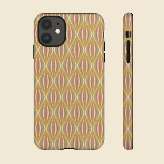 Phone case with gold pink and green ogee pattern on a cream background