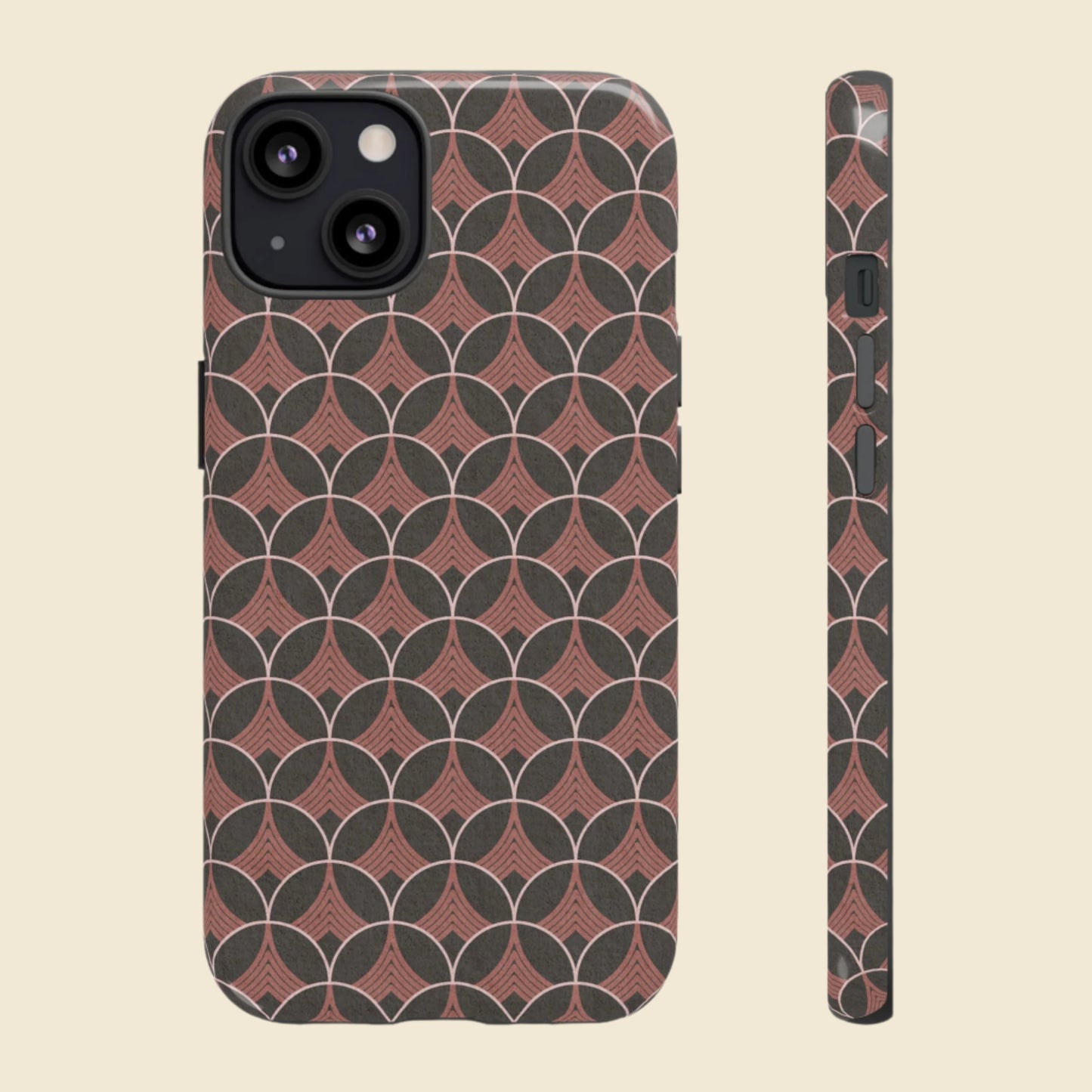 Phone case with dark gray and pink geometric pattern on a cream background