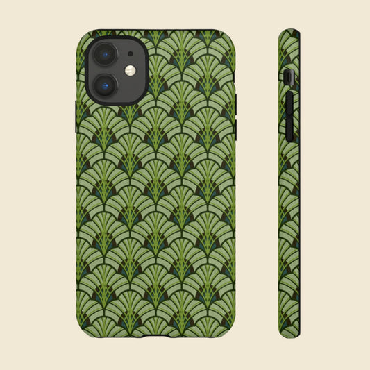 Phone case with green art deco fan pattern on a cream background