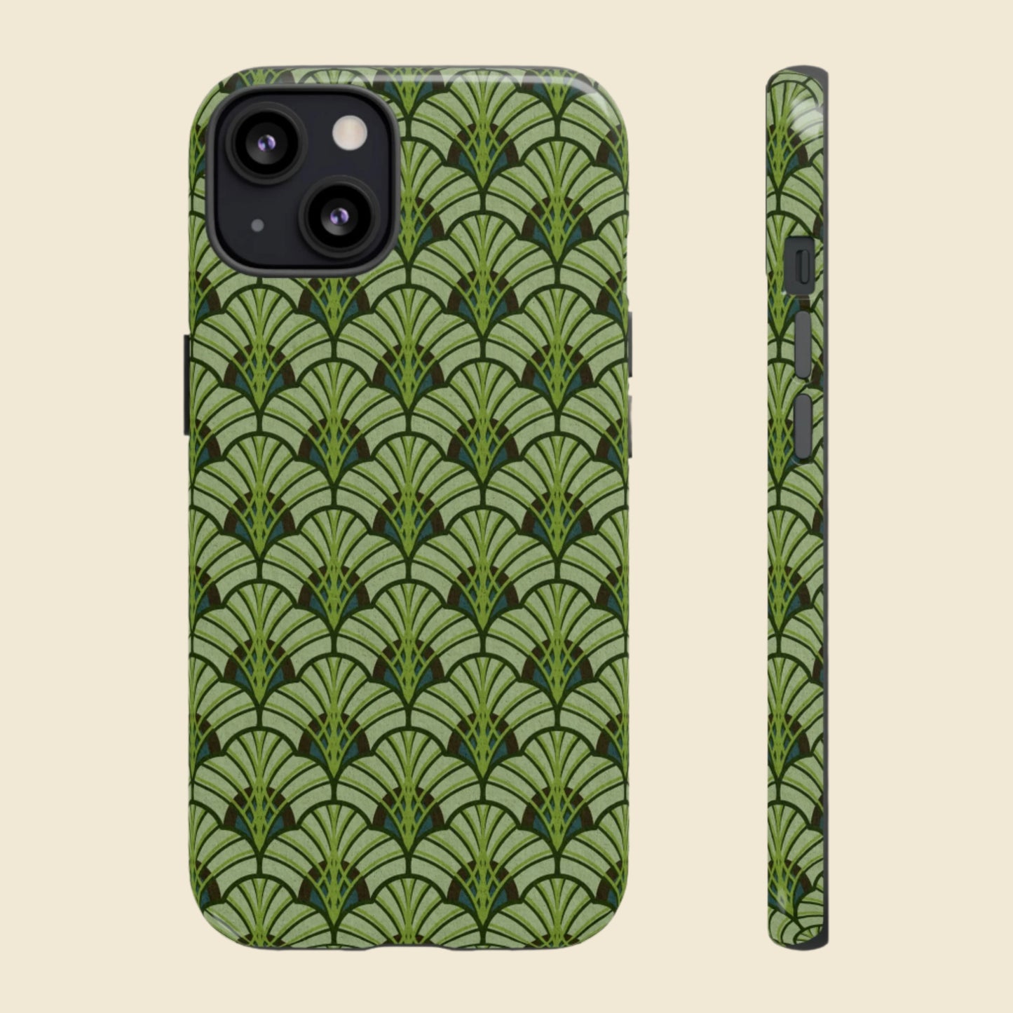 Phone case with green art deco fan pattern on a cream background