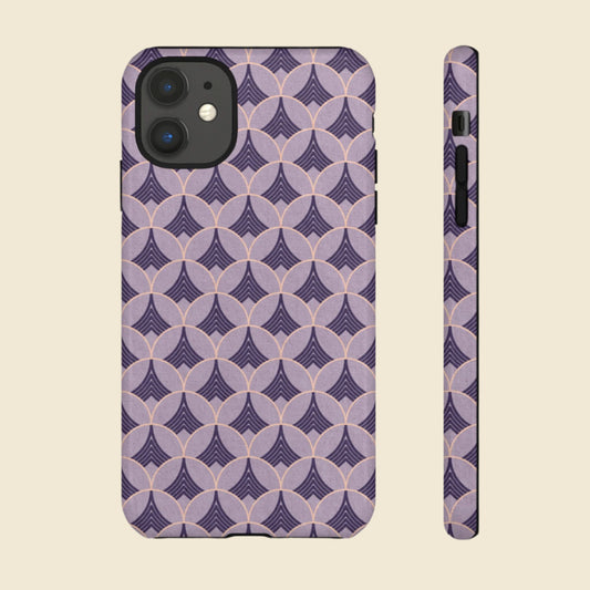 Phone case with purple art deco pattern on a cream background