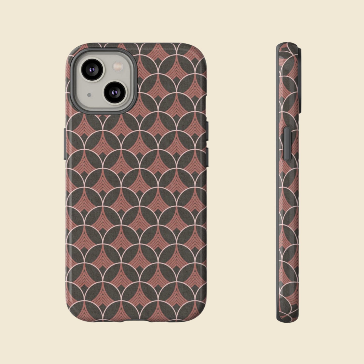 Phone case with dark gray and pink geometric pattern on a cream background