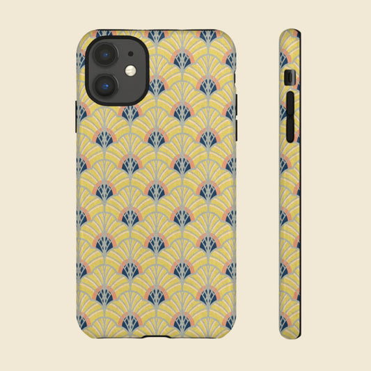 Phone case with yellow geometric pattern on a cream background