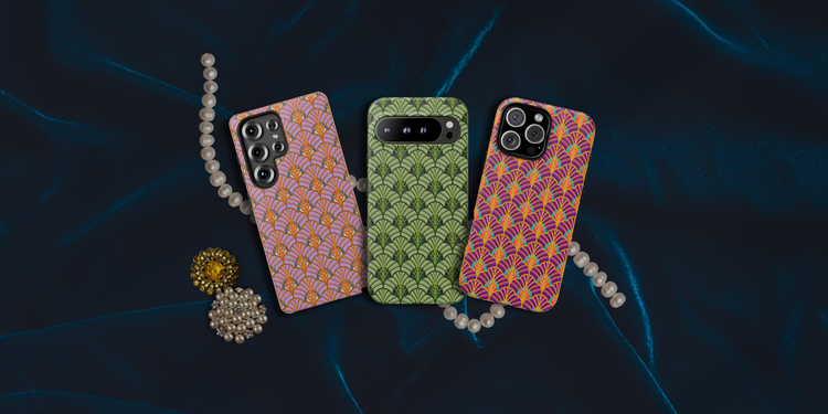 Purple, Green, Art Deco phone cases on dark blue velvet background