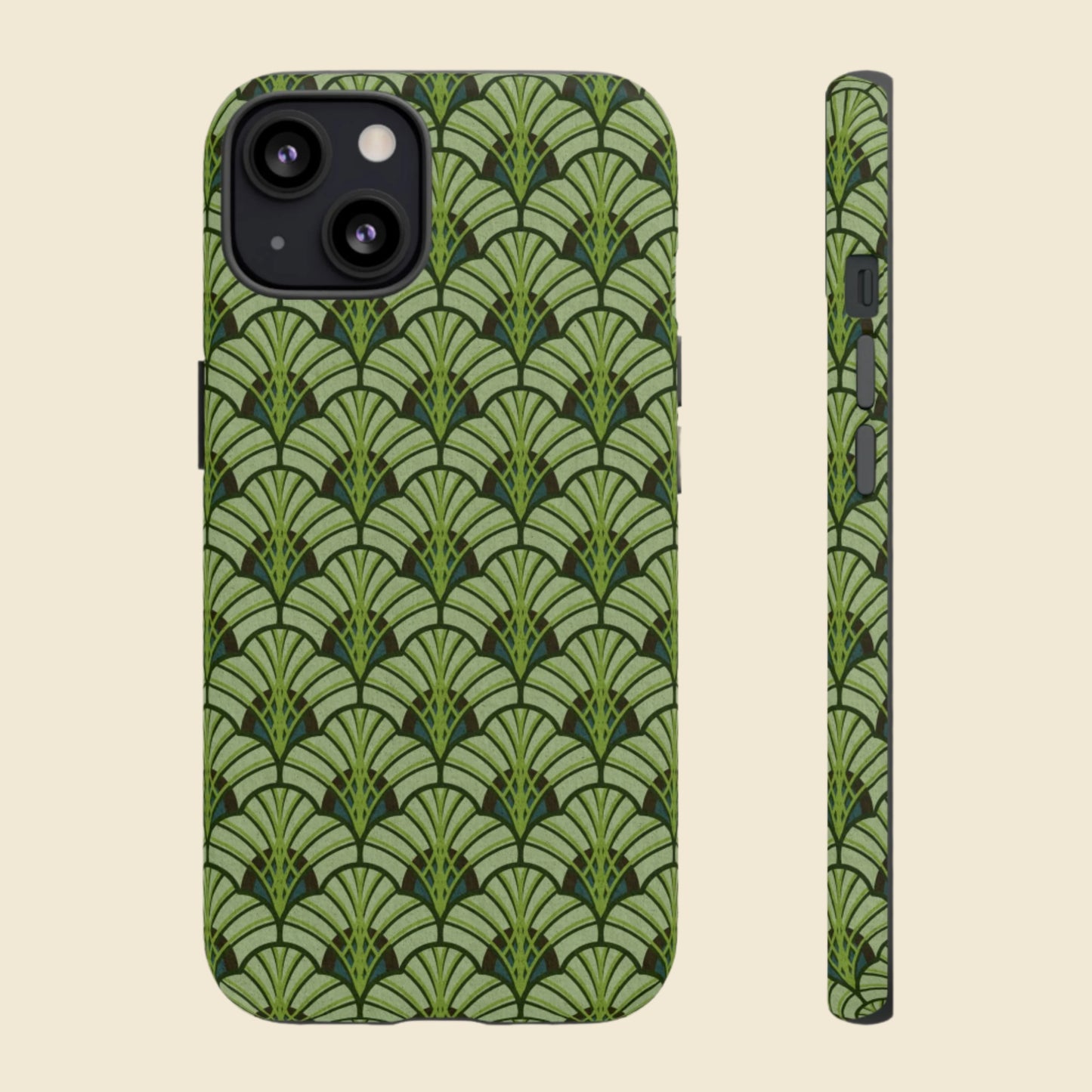Phone case with green art deco fan pattern on a cream background
