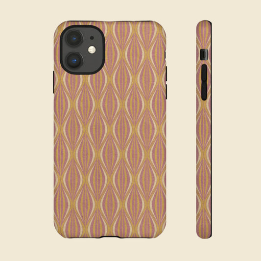 Phone case with gold and peach geometric pattern on a cream background