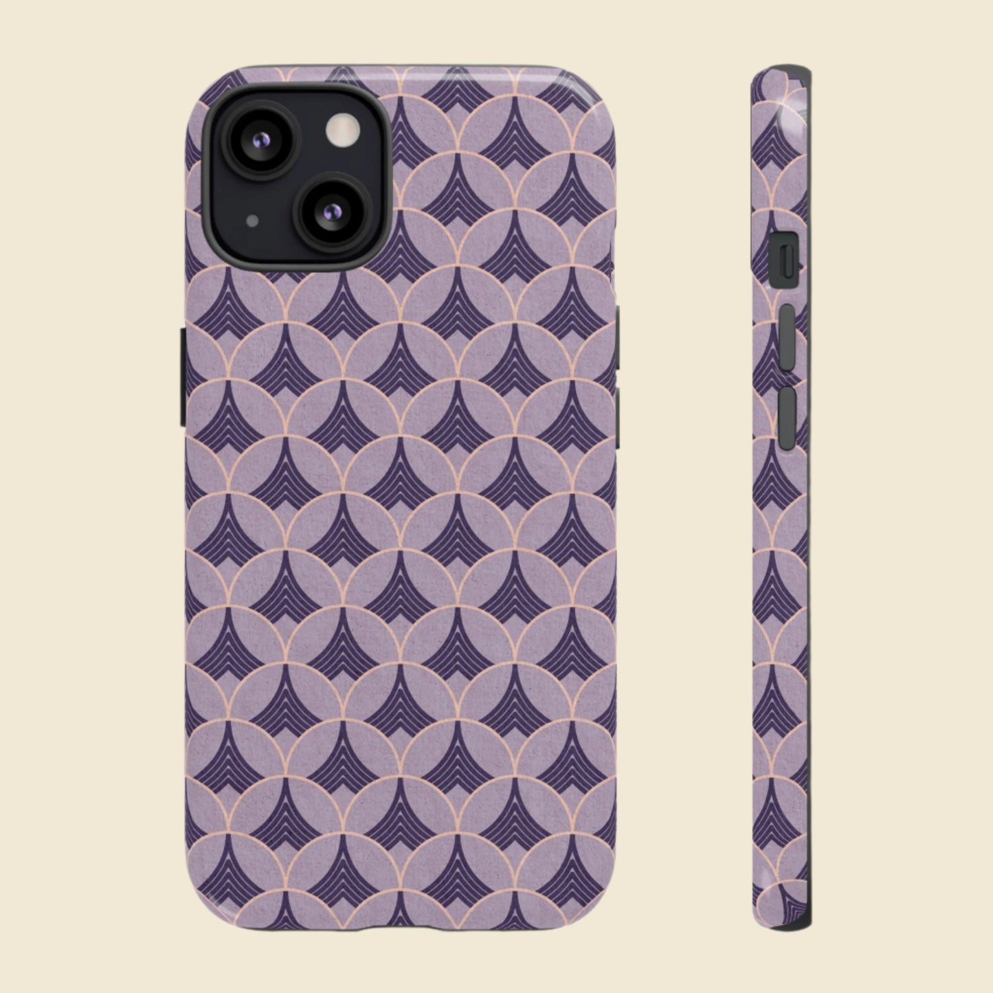 Phone case with purple art deco pattern on a cream background