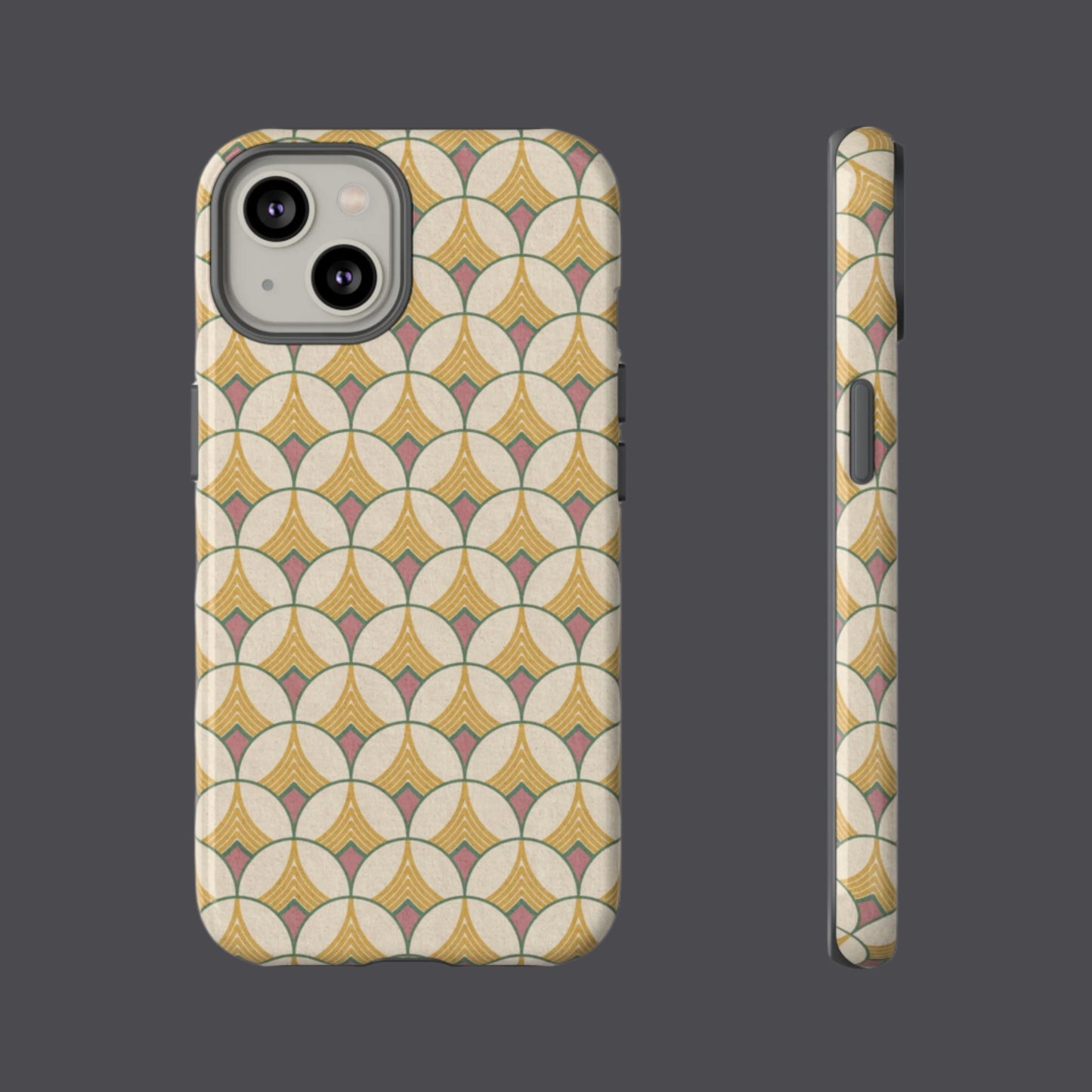 Phone case with ivory gold and pink art deco pattern on a cream background