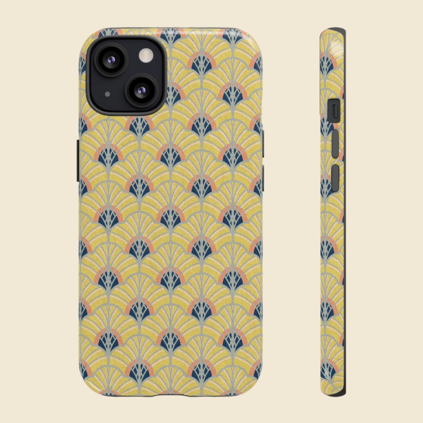 Phone case with yellow geometric pattern on a cream background