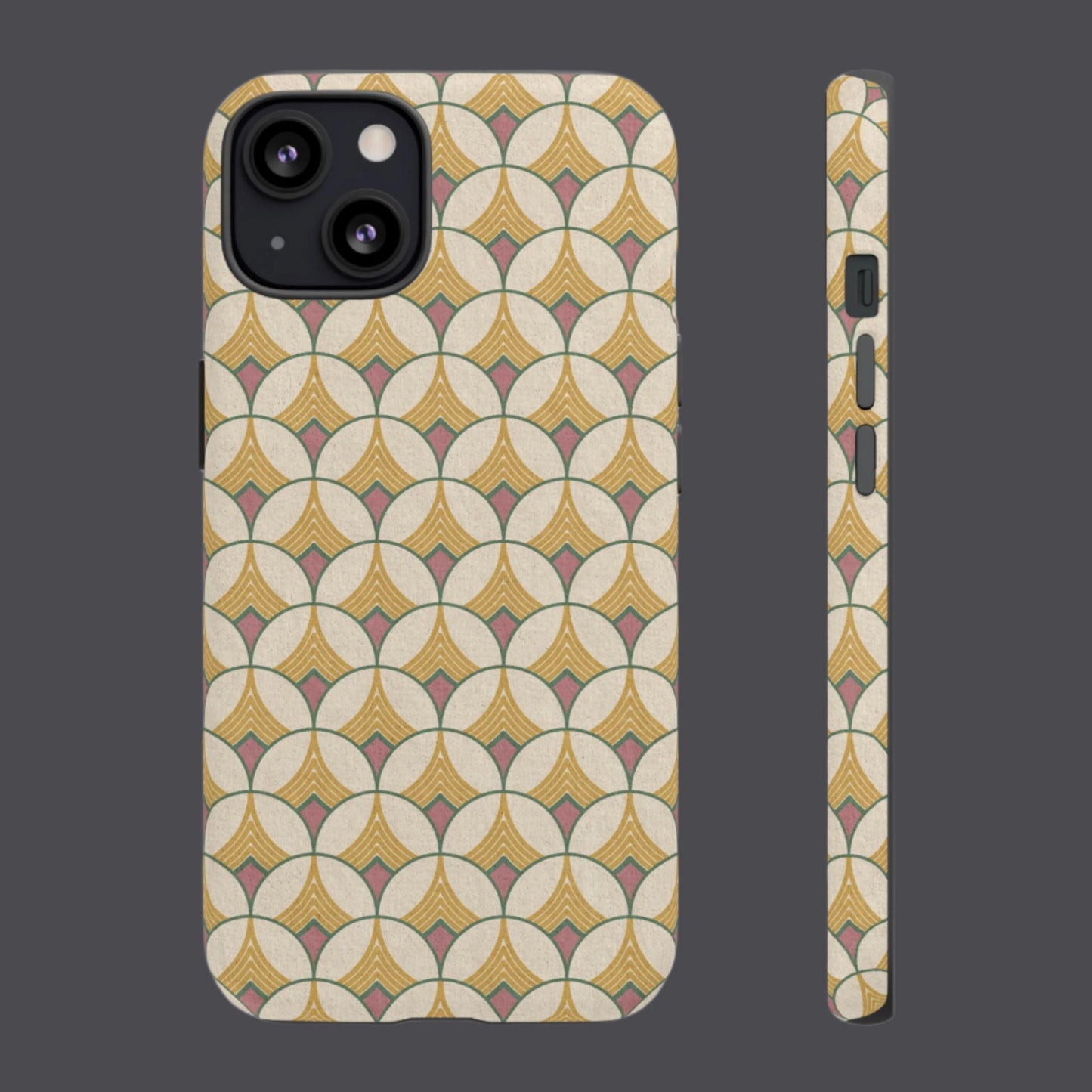 Phone case with ivory gold and pink art deco pattern on a cream background