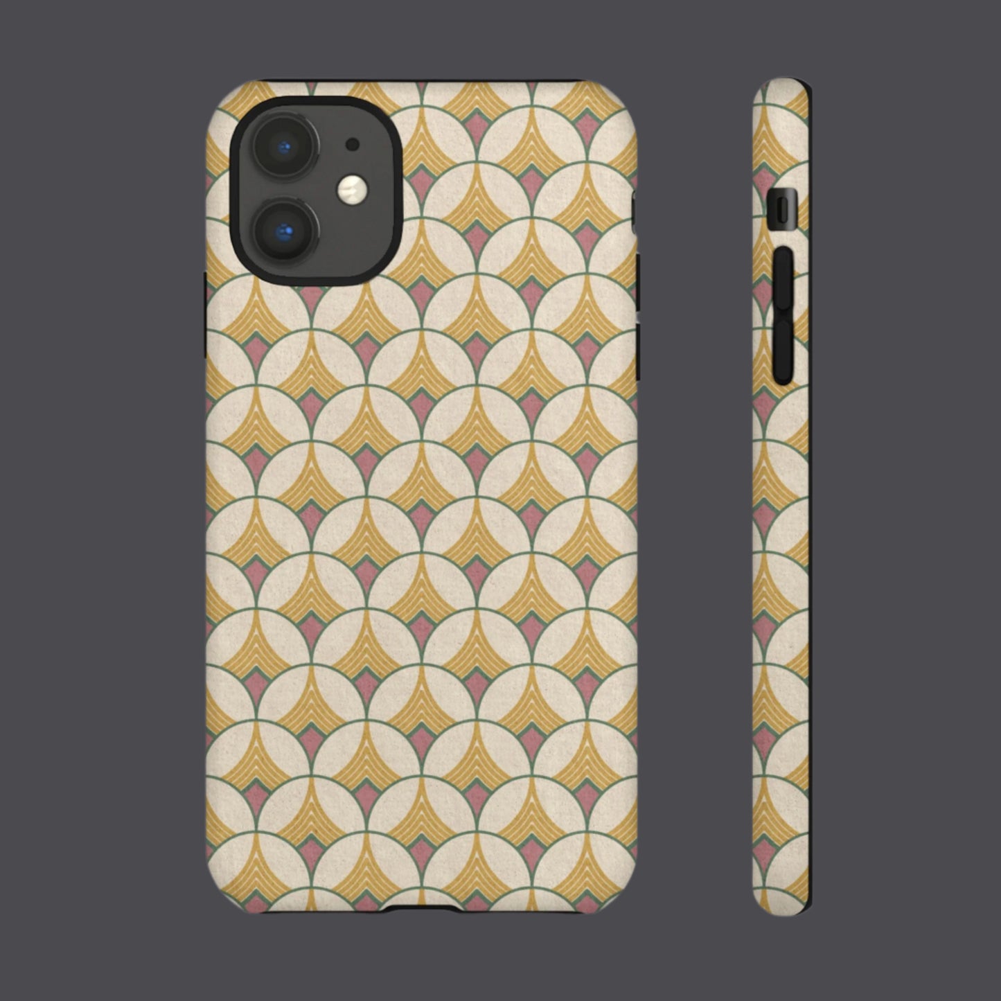Phone case with ivory gold and pink art deco pattern on a cream background