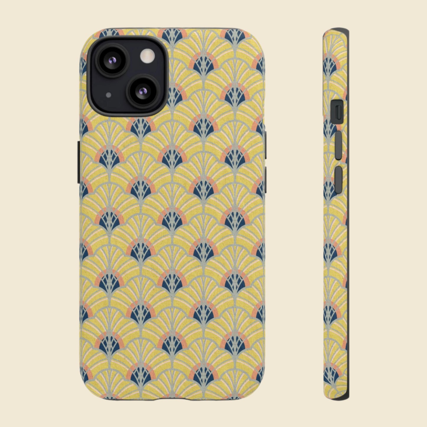 Phone case with yellow geometric pattern on a cream background