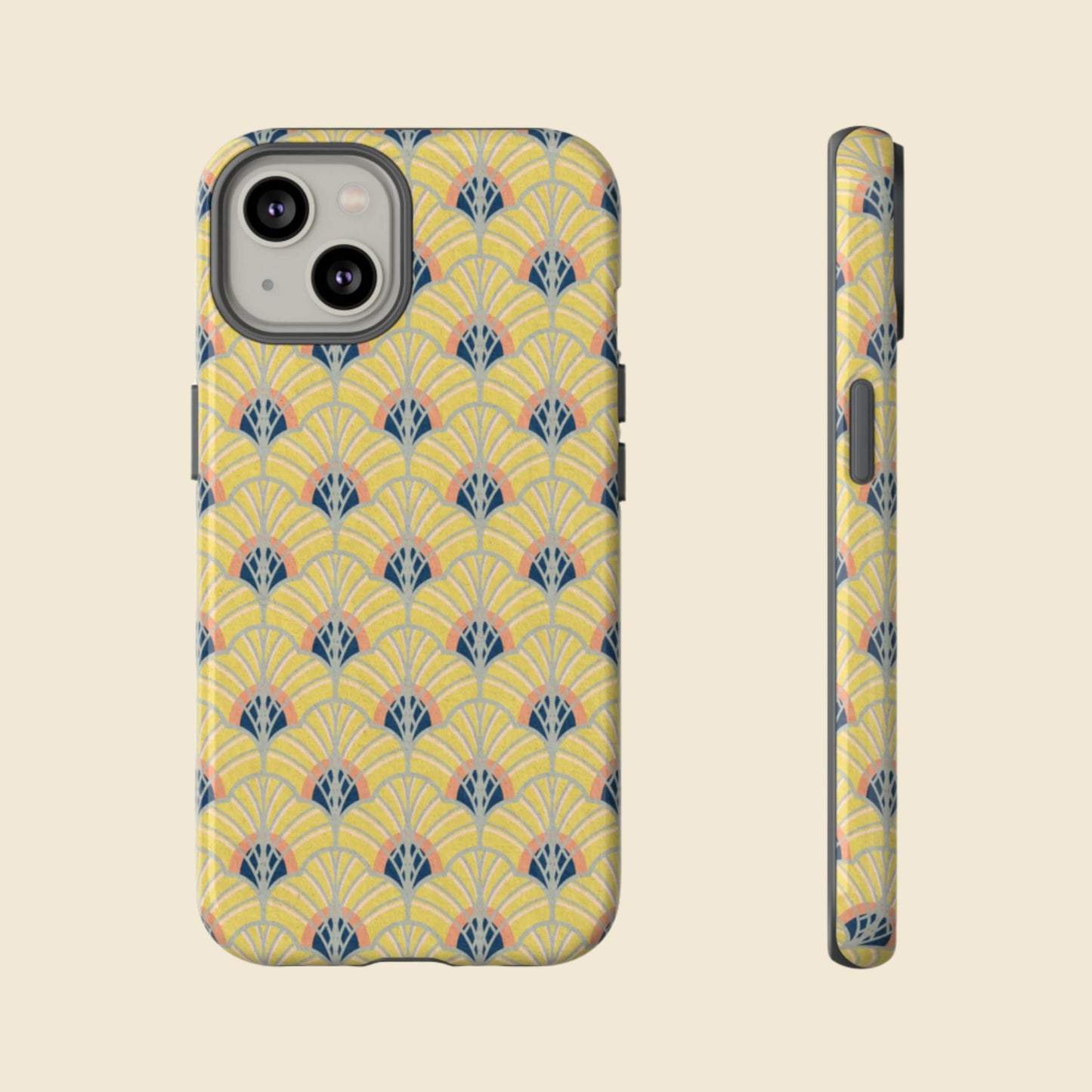 Phone case with yellow geometric pattern on a cream background