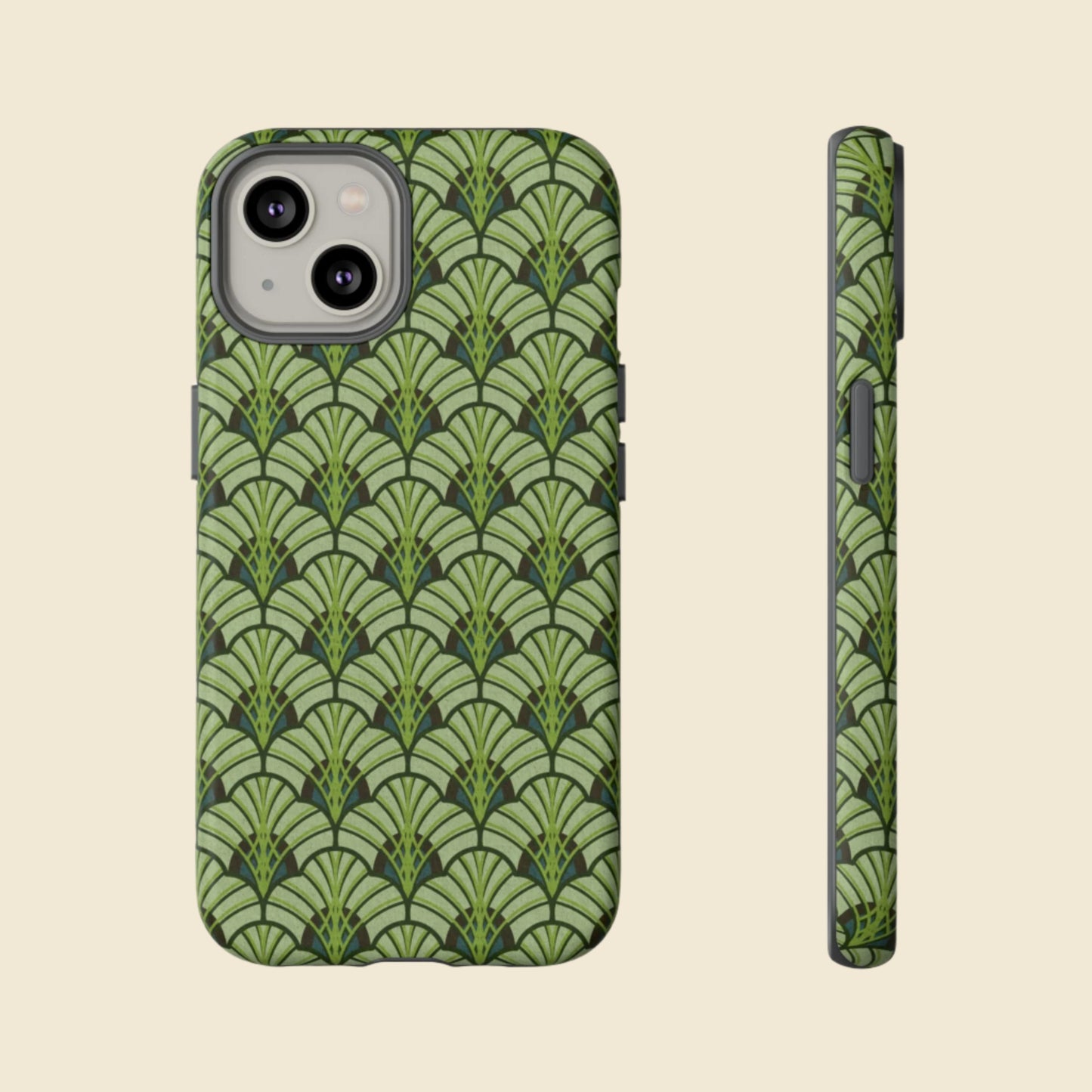 Phone case with green art deco fan pattern on a cream background