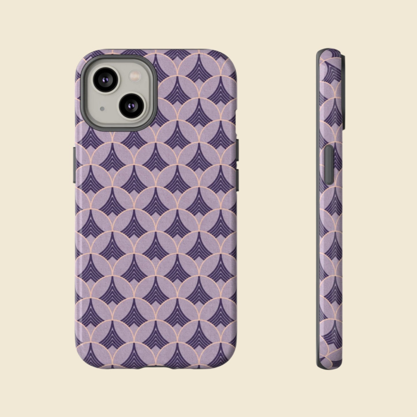 Phone case with purple art deco pattern on a cream background