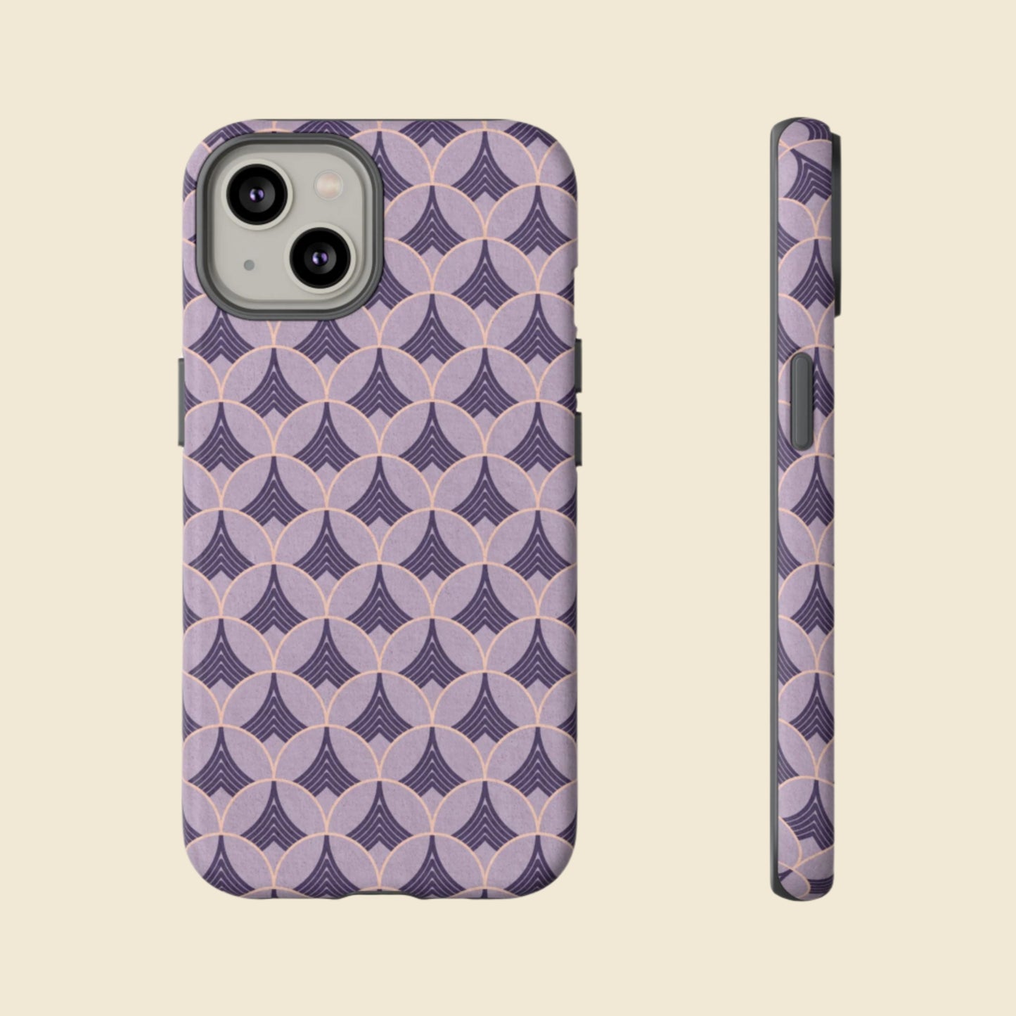 Phone case with purple art deco pattern on a cream background