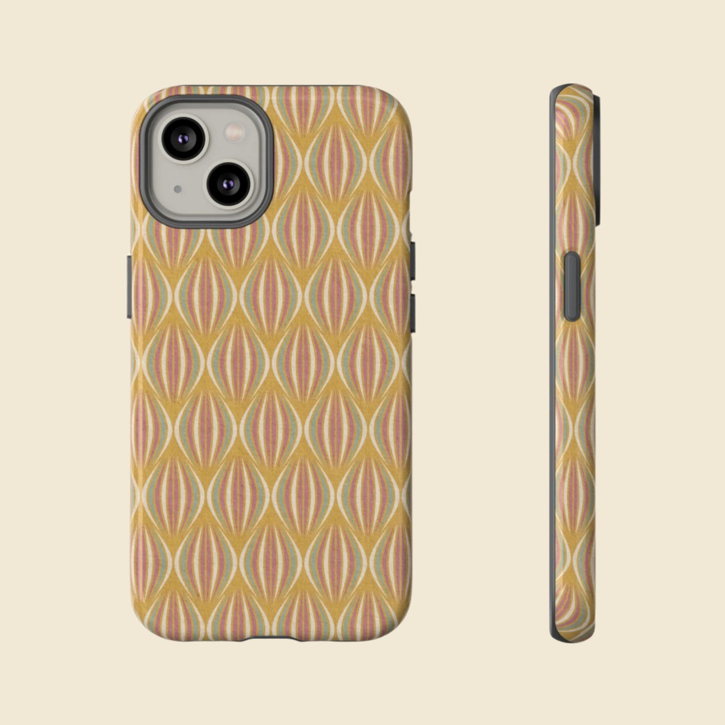 Phone case with gold pink and green ogee pattern on a cream background