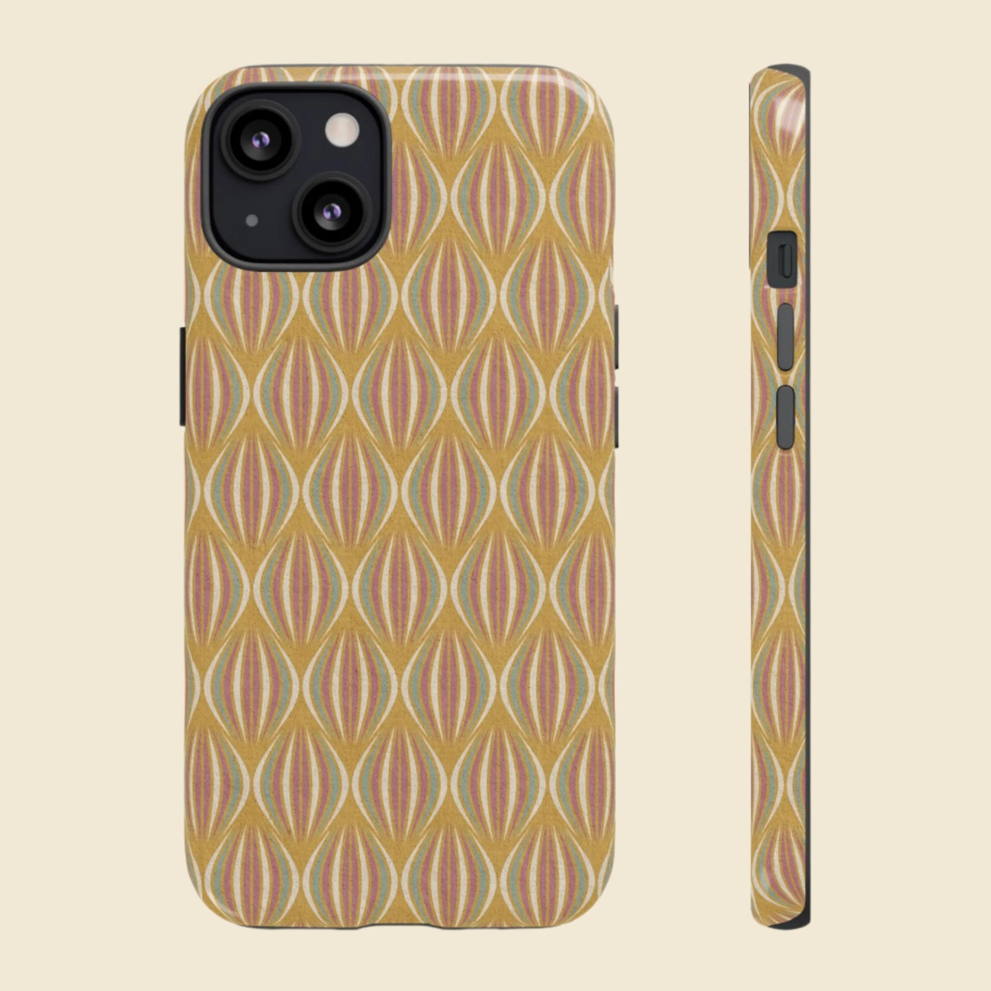 Phone case with gold pink and green ogee pattern on a cream background