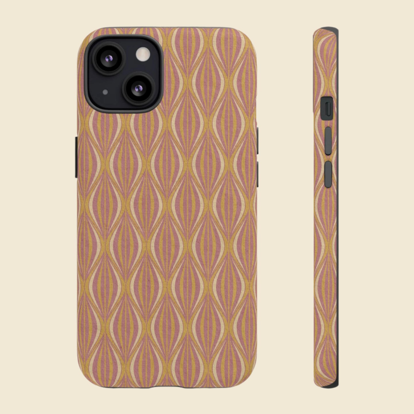 Phone case with gold peach geometric pattern on a cream background