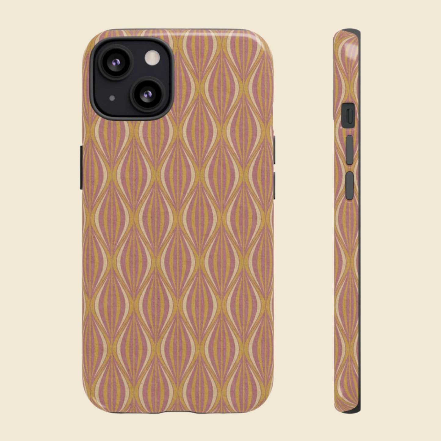 Phone case with gold peach geometric pattern on a cream background